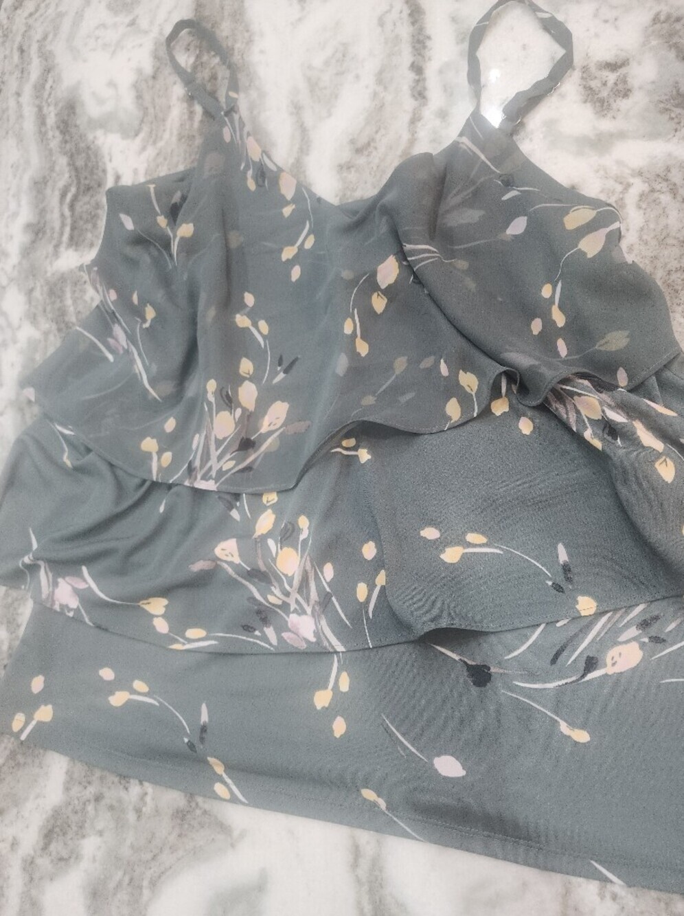 White House Black Market Sage Green Floral Ruffle Blouse